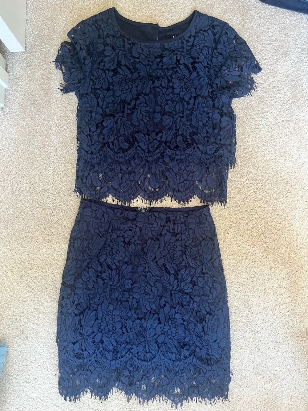 Lulu's Navy Lace Two-Piece Crop Top & Skirt Set